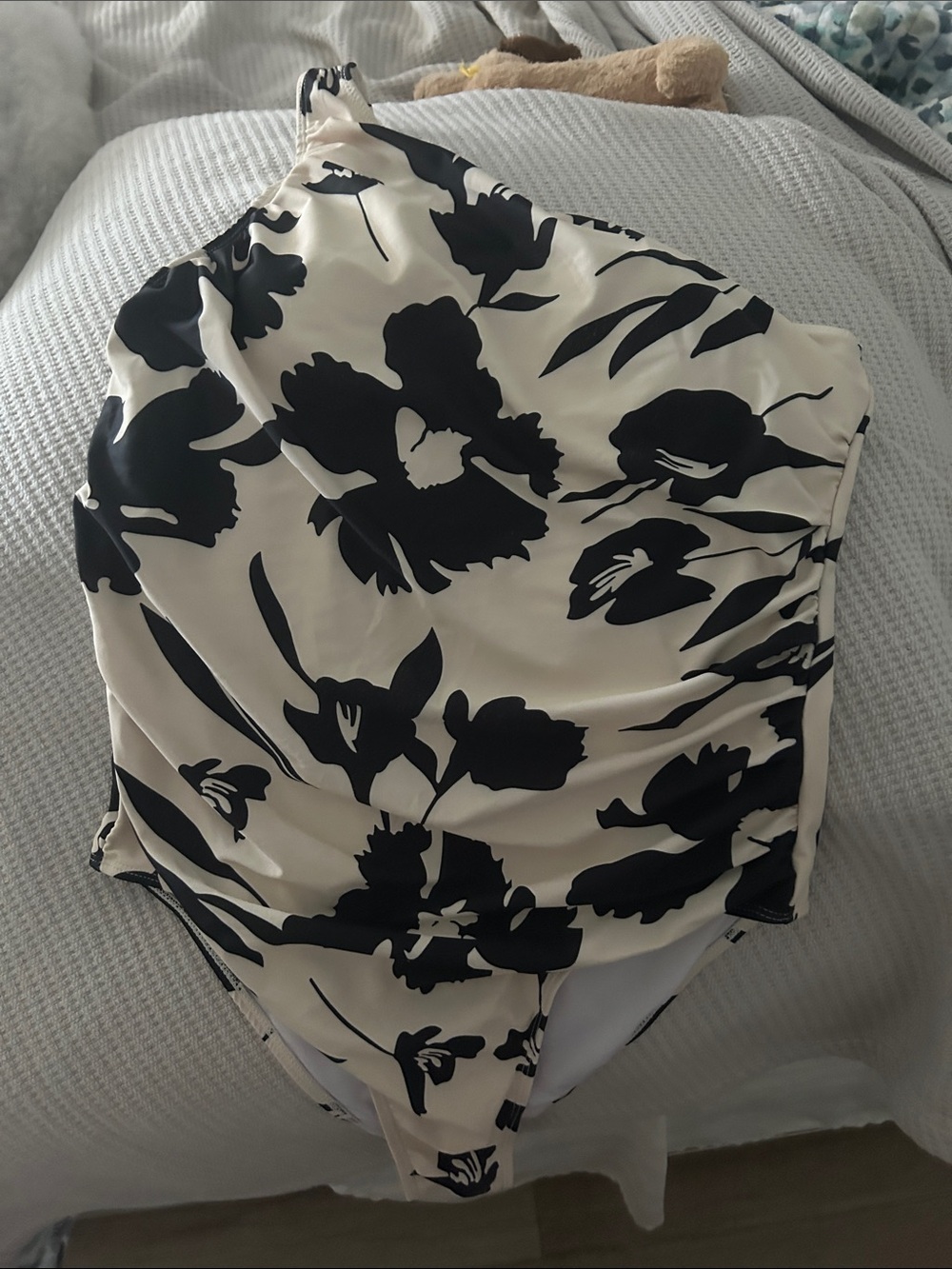 High-Neck Floral One-Piece Swimsuit — Black on Cream